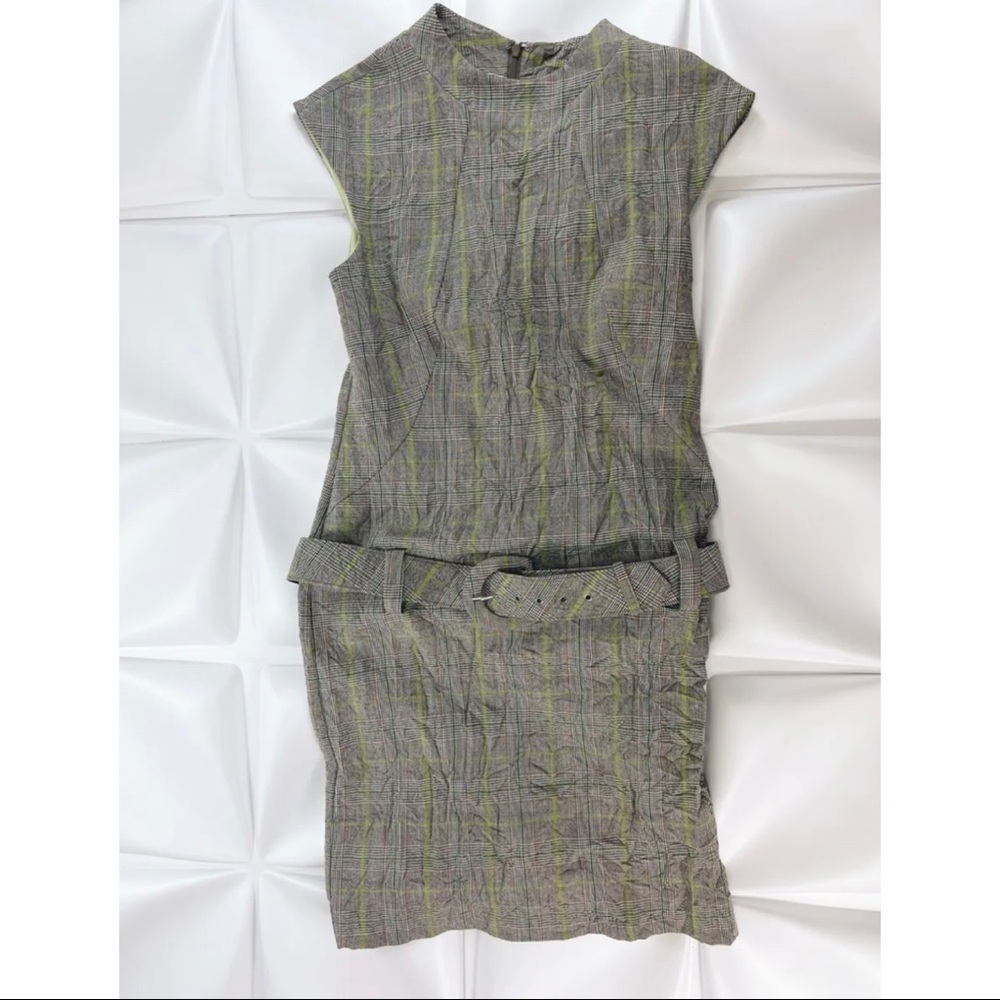Nicole Miller Collection Sz 6 Brown Plaid Drop Waist Belted Sheath Dress